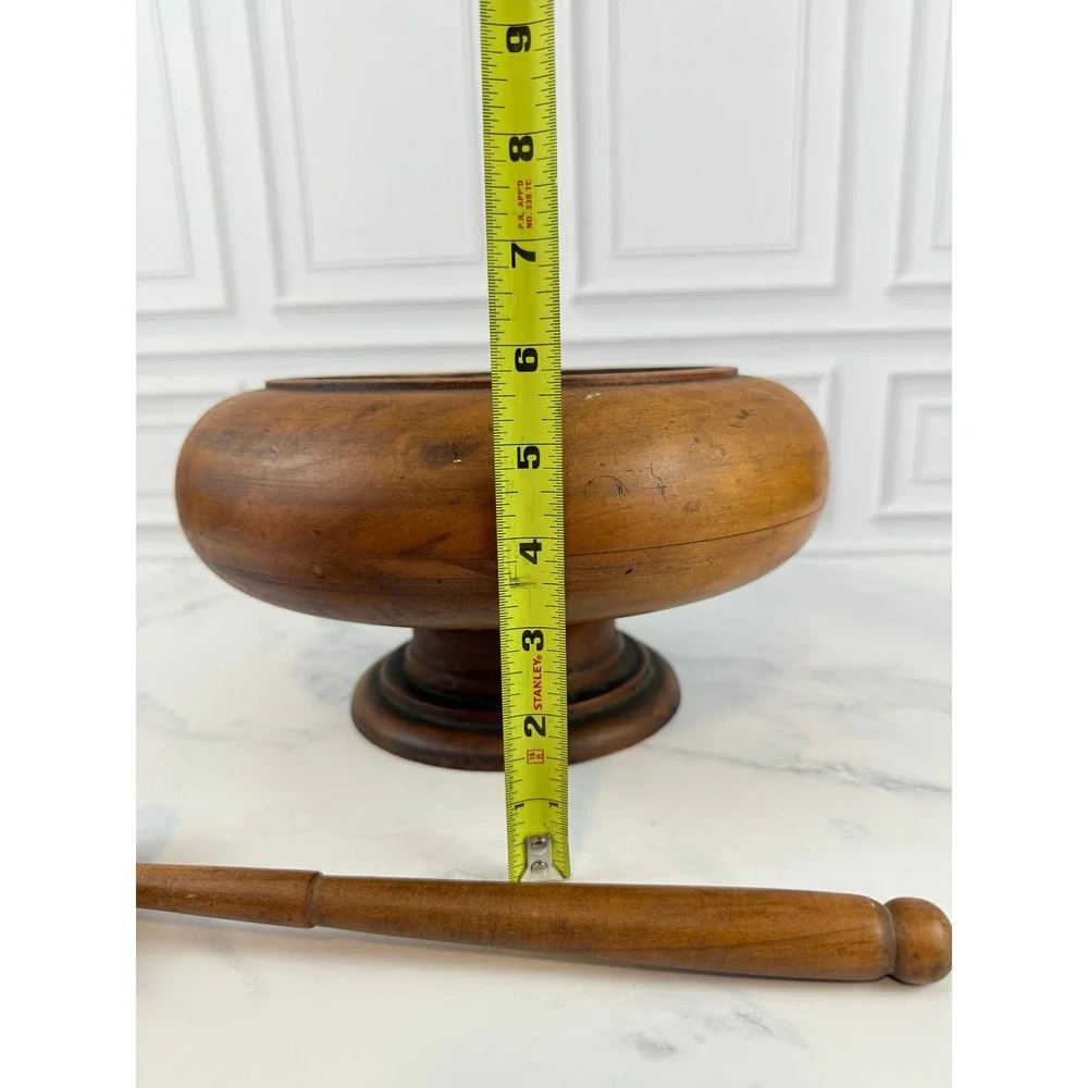 VTG Hand Turned Wooden Nutcracker Pedestal Bowl Brass Center w/Mallet